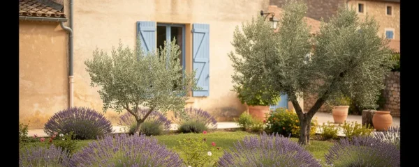 Façade maison provençale avec jardin méditerranéen typique du sud de la France