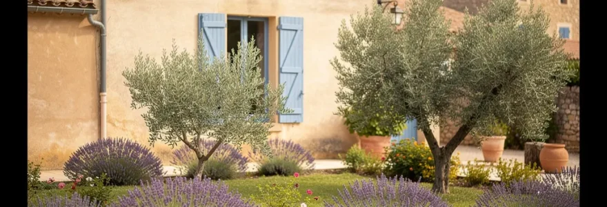 Façade maison provençale avec jardin méditerranéen typique du sud de la France